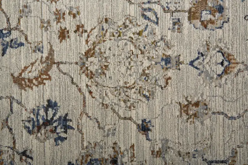 8' Blue Gray and Brown Floral Power Loom Worn Faded Runner Rug With Fringe Photo 7