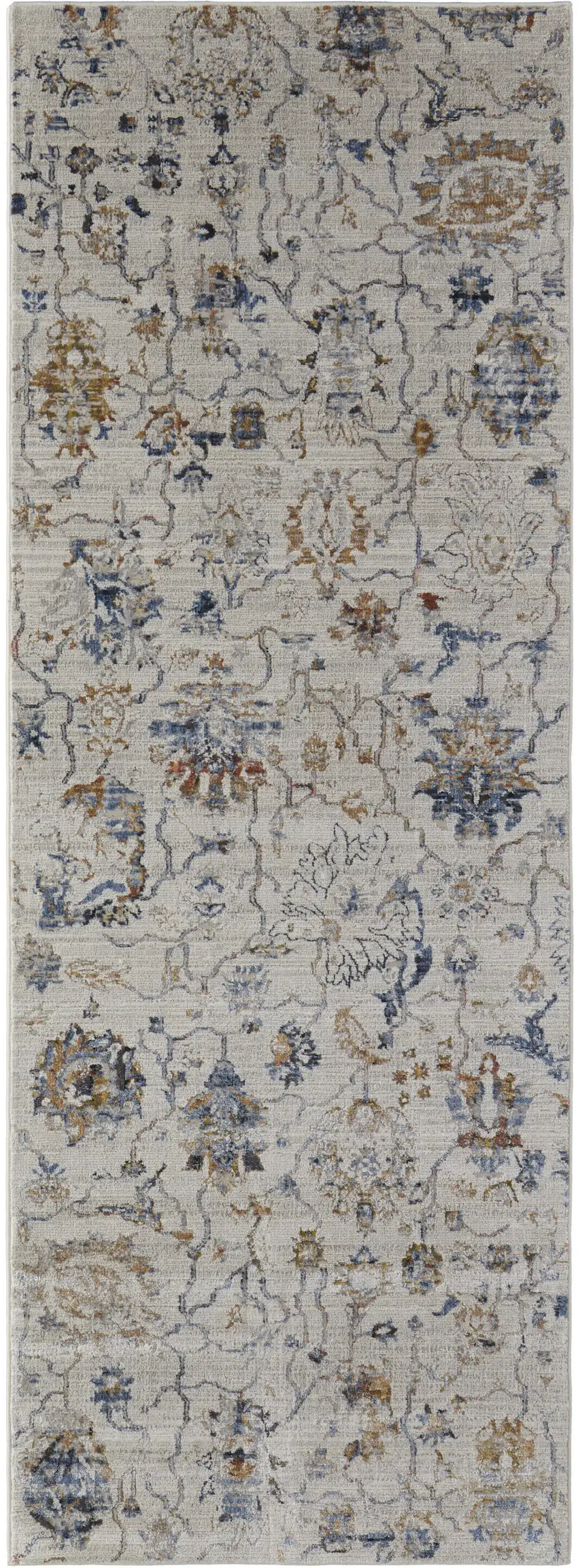 8' Blue Gray and Brown Floral Power Loom Worn Faded Runner Rug With Fringe Photo 2