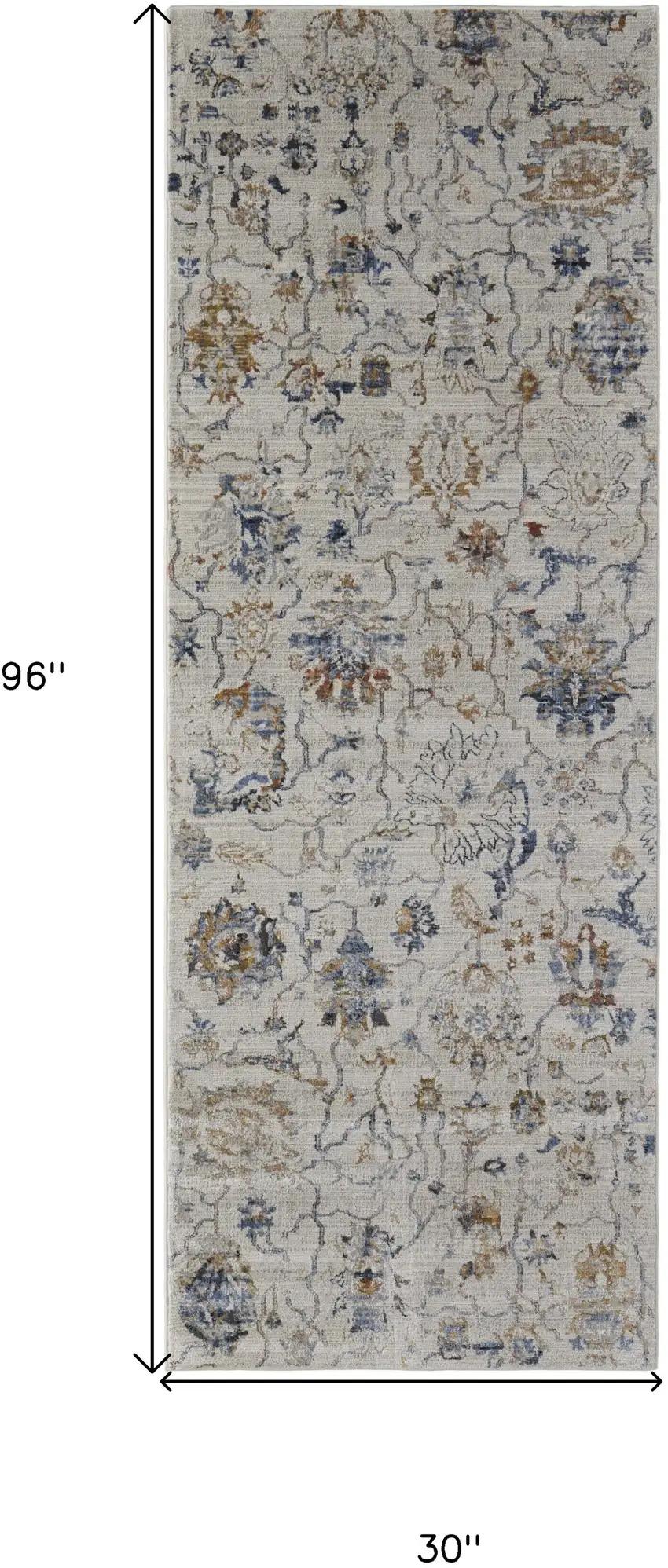 8' Blue Gray and Brown Floral Power Loom Worn Faded Runner Rug With Fringe Photo 3