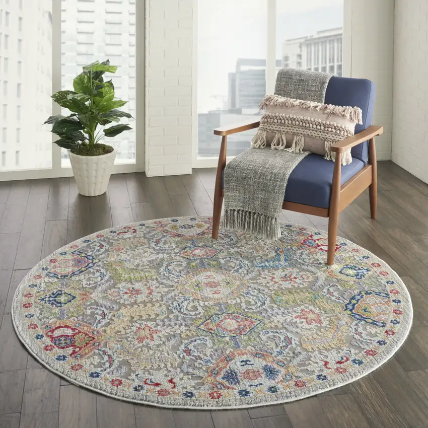 6' Blue Gray and Green Floral Distressed Non Skid Round Rug Photo 7