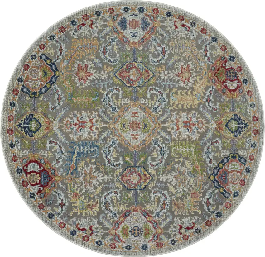 6' Blue Gray and Green Floral Distressed Non Skid Round Rug Photo 4