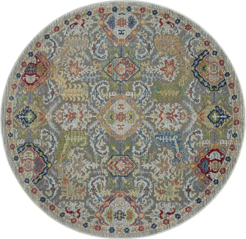 6' Blue Gray and Green Floral Distressed Non Skid Round Rug Photo 5