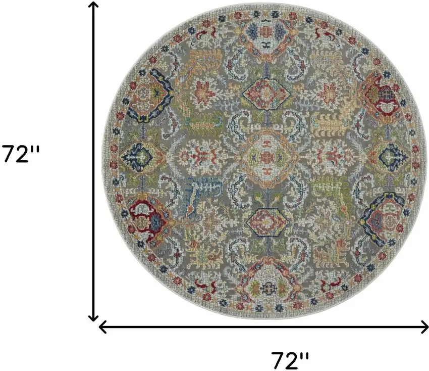 6' Blue Gray and Green Floral Distressed Non Skid Round Rug Photo 3
