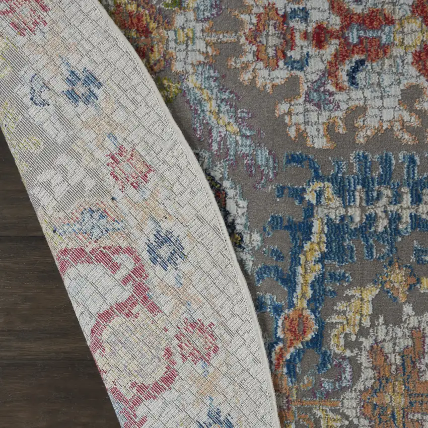 6' Blue Gray and Green Floral Distressed Non Skid Round Rug Photo 8