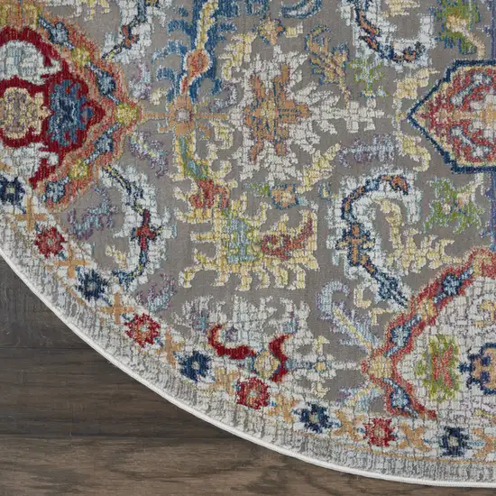 6' Blue Gray and Green Floral Distressed Non Skid Round Rug Photo 7