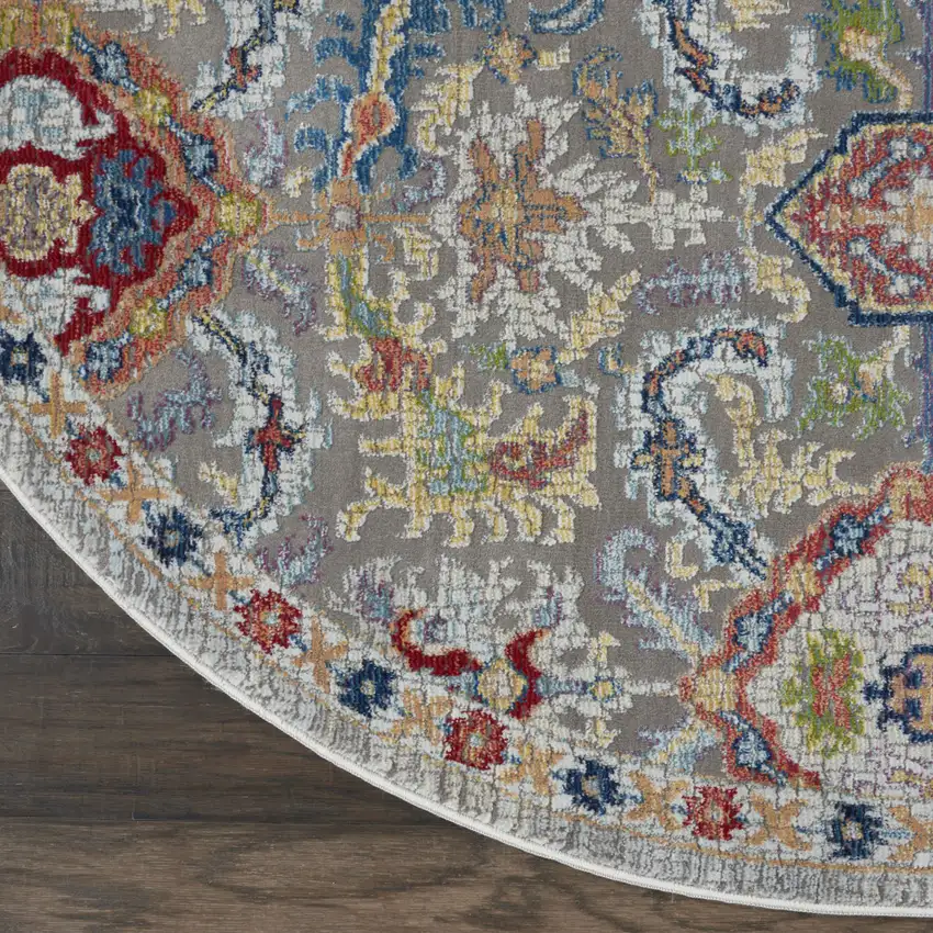 6' Blue Gray and Green Floral Distressed Non Skid Round Rug Photo 7