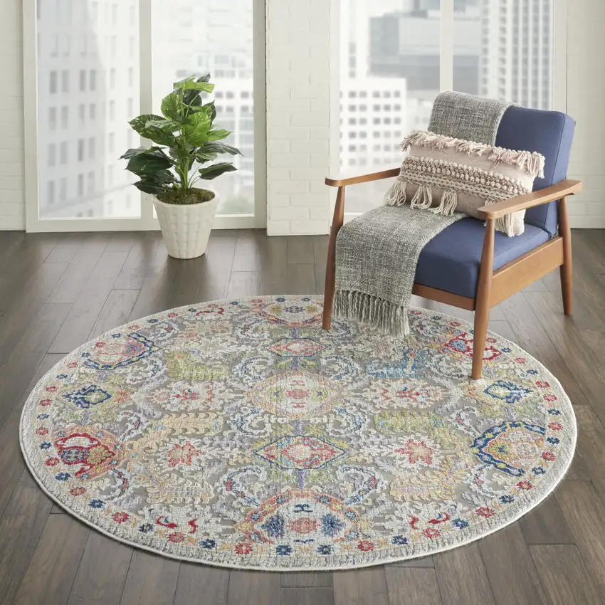 6' Blue Gray and Green Floral Distressed Non Skid Round Rug Photo 5