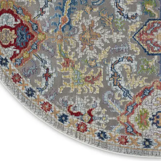 6' Blue Gray and Green Floral Distressed Non Skid Round Rug Photo 9