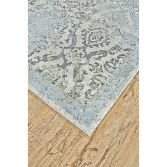 8' Blue Gray and Green Floral Power Loom Worn Faded Runner Rug Photo 5