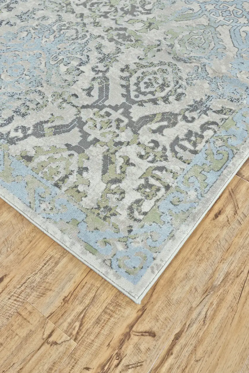 8' Blue Gray and Green Floral Power Loom Worn Faded Runner Rug Photo 5