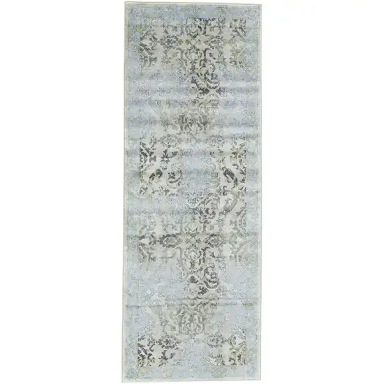 8' Blue Gray and Green Floral Power Loom Worn Faded Runner Rug Photo 2