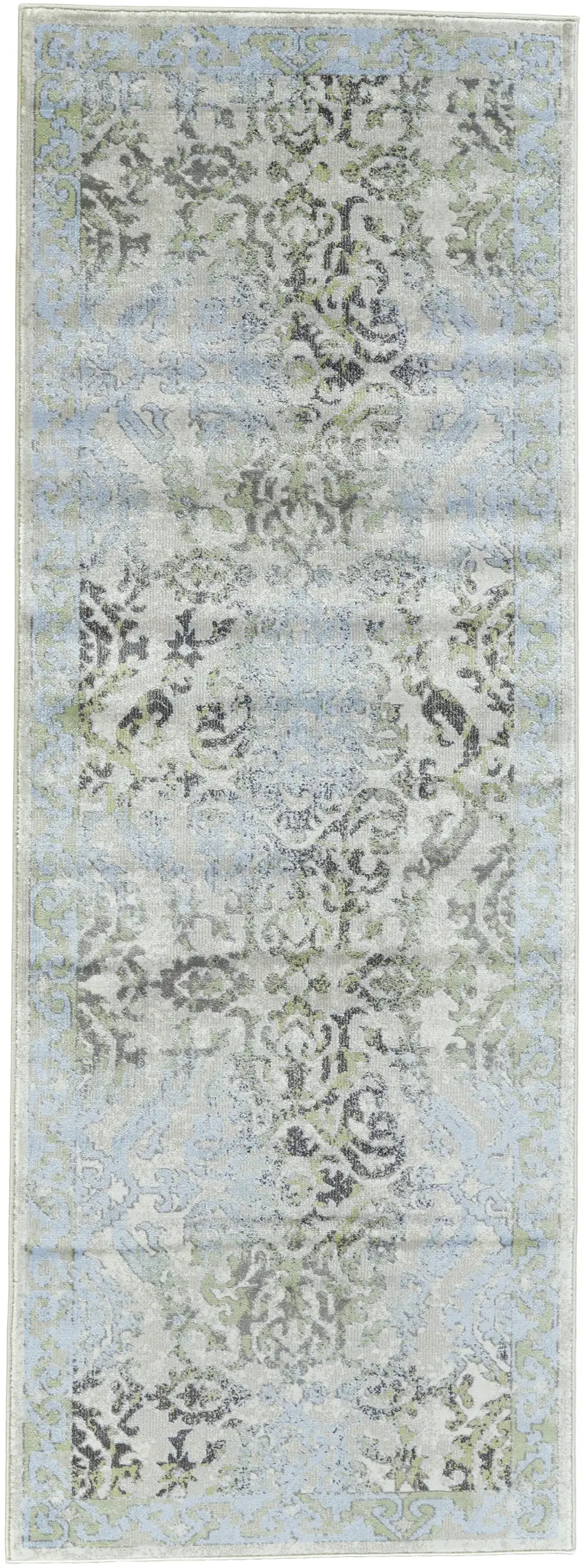 8' Blue Gray and Green Floral Power Loom Worn Faded Runner Rug Photo 2