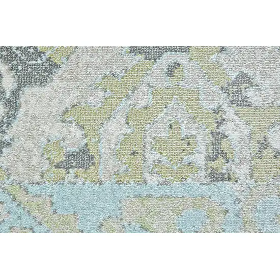 8' Blue Gray and Green Floral Power Loom Worn Faded Runner Rug Photo 6
