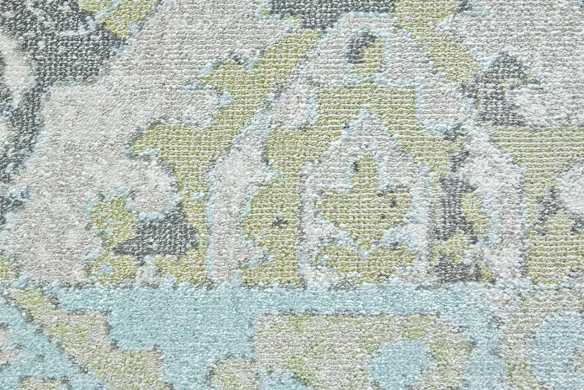 8' Blue Gray and Green Floral Power Loom Worn Faded Runner Rug Photo 6