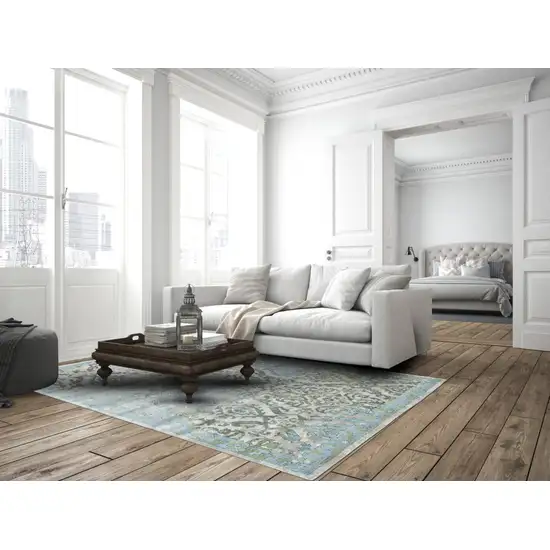 8' Blue Gray and Green Floral Power Loom Worn Faded Runner Rug Photo 4