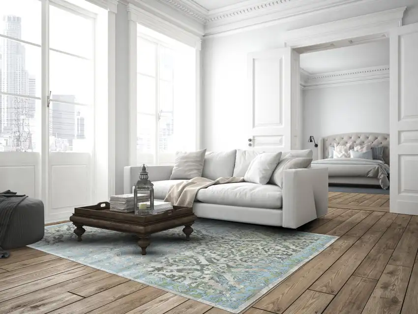 8' Blue Gray and Green Floral Power Loom Worn Faded Runner Rug Photo 4