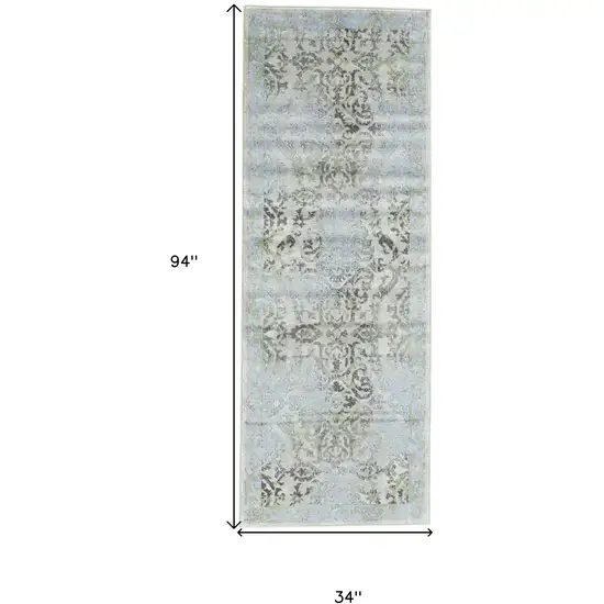 8' Blue Gray and Green Floral Power Loom Worn Faded Runner Rug Photo 3