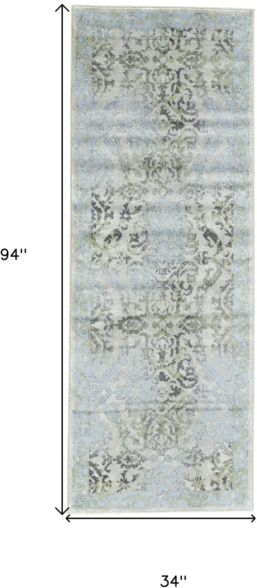 8' Blue Gray and Green Floral Power Loom Worn Faded Runner Rug Photo 3