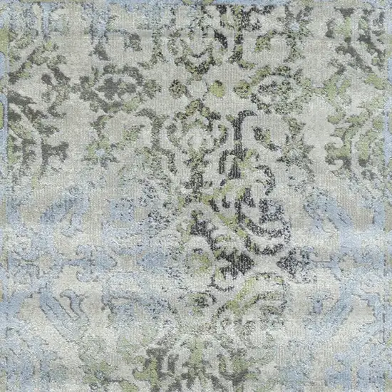 8' Blue Gray and Green Floral Power Loom Worn Faded Runner Rug Photo 7