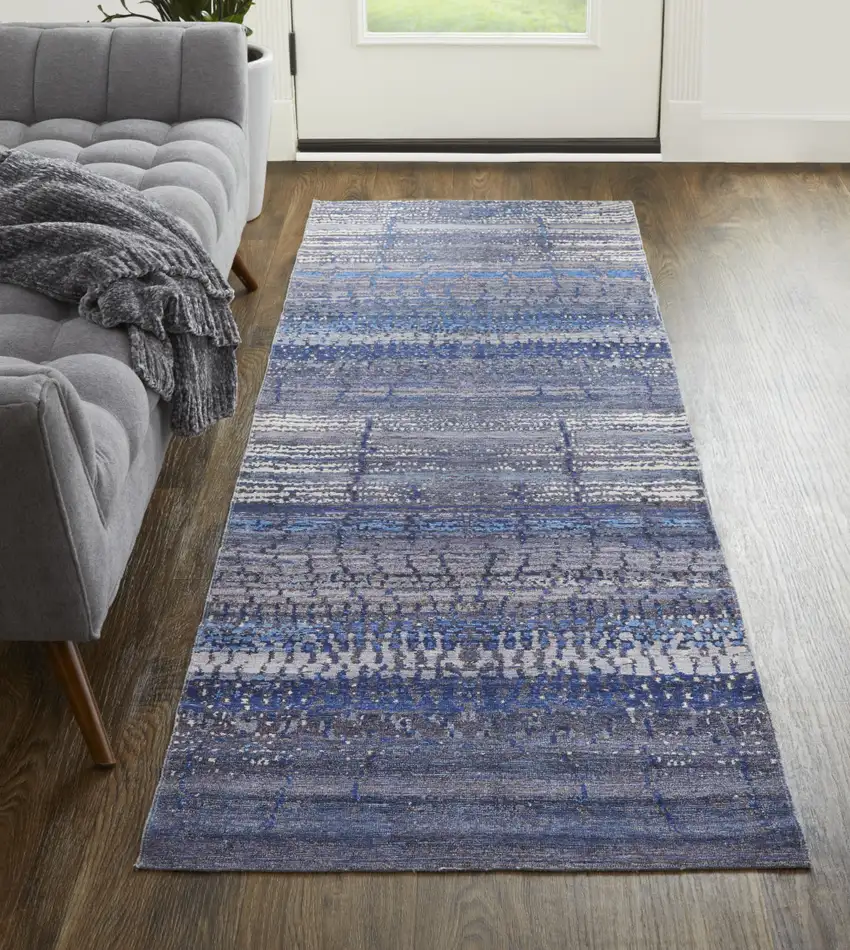 8' Blue Gray and Tan Striped Power Loom Worn Faded Washable Runner Rug Photo 6