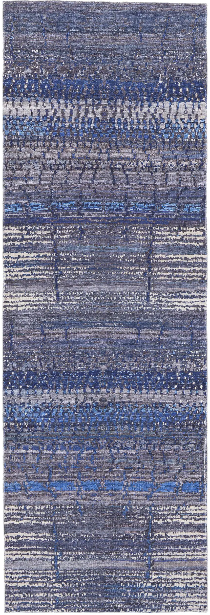 8' Blue Gray and Tan Striped Power Loom Worn Faded Washable Runner Rug Photo 2