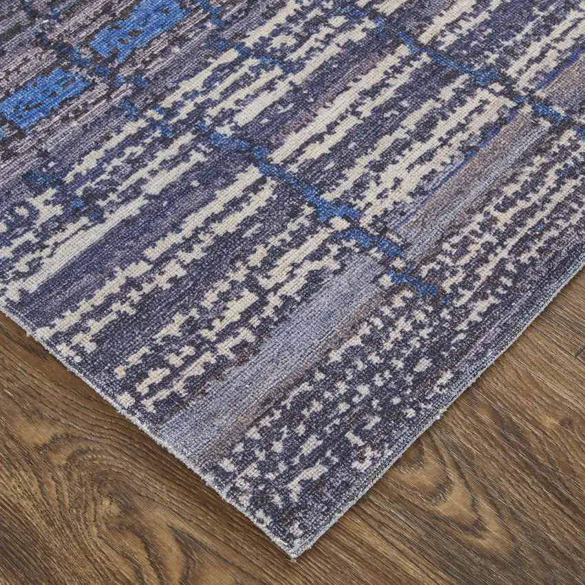 8' Blue Gray and Tan Striped Power Loom Worn Faded Washable Runner Rug Photo 4
