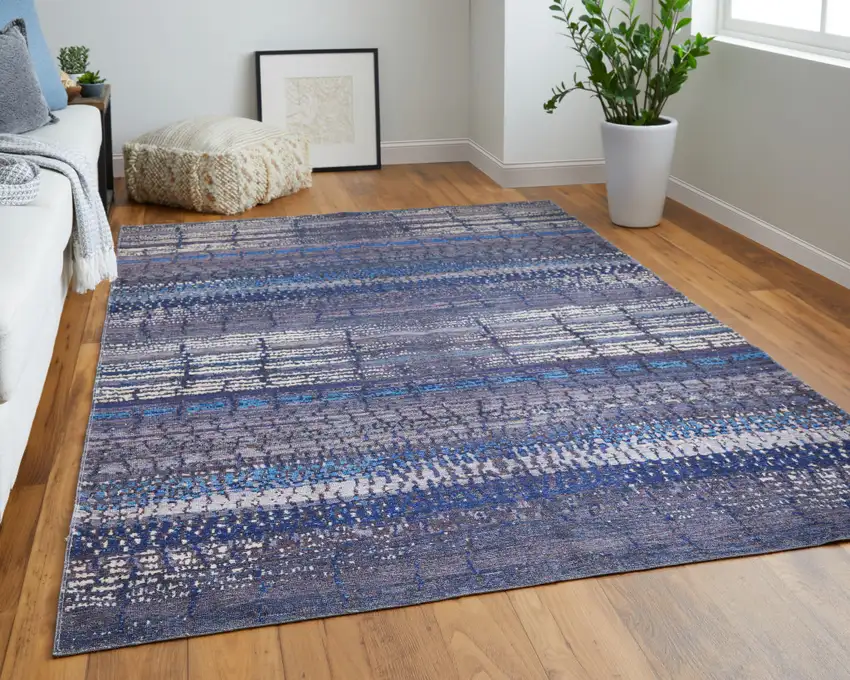 8' Blue Gray and Tan Striped Power Loom Worn Faded Washable Runner Rug Photo 5