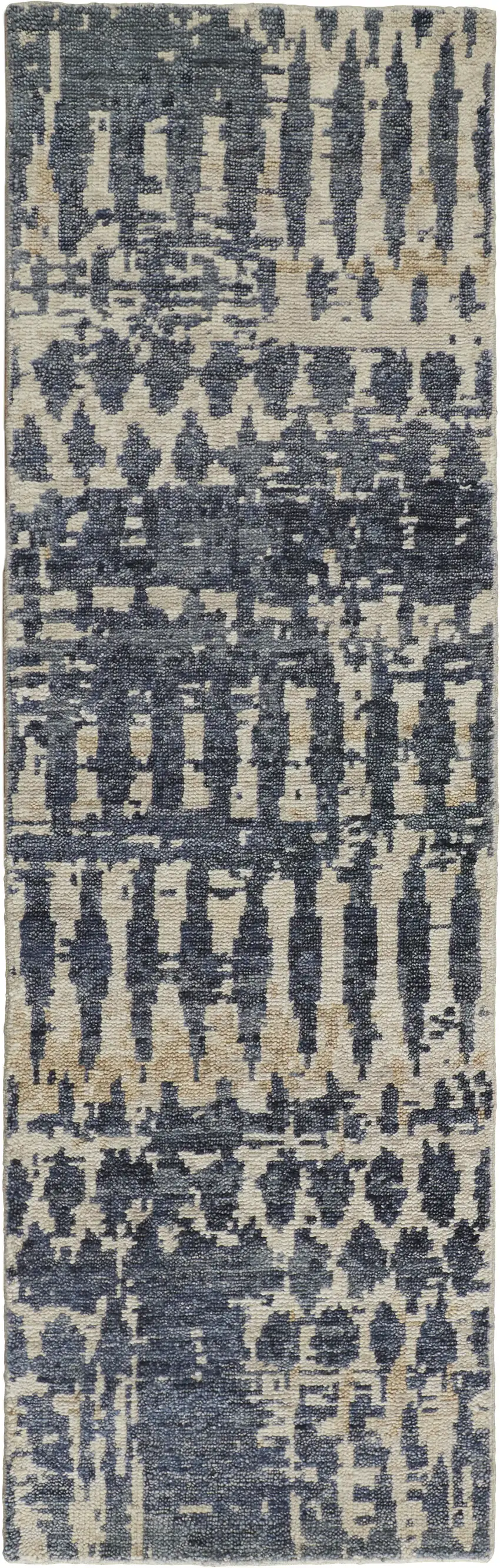 8' Blue Gray and Tan Wool Abstract Hand Knotted Runner Rug Photo 2