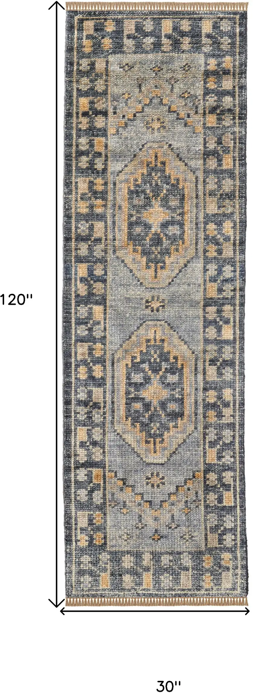10' Blue Gray and Tan Wool Oriental Hand Knotted Runner Rug With Fringe Photo 3