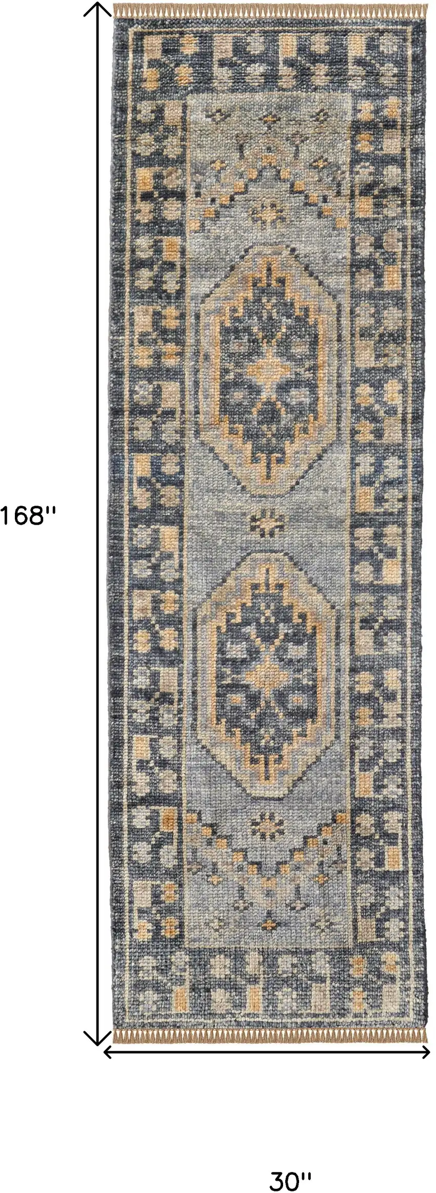 14' Blue Gray and Tan Wool Oriental Hand Knotted Runner Rug With Fringe Photo 3