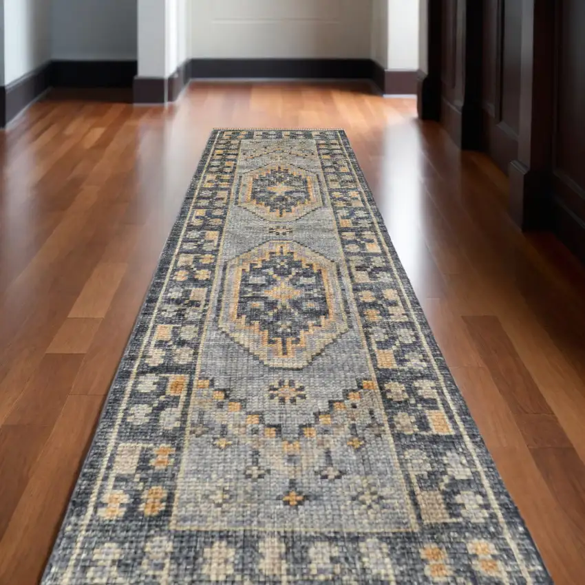 14' Blue Gray and Tan Wool Oriental Hand Knotted Runner Rug With Fringe Photo 1