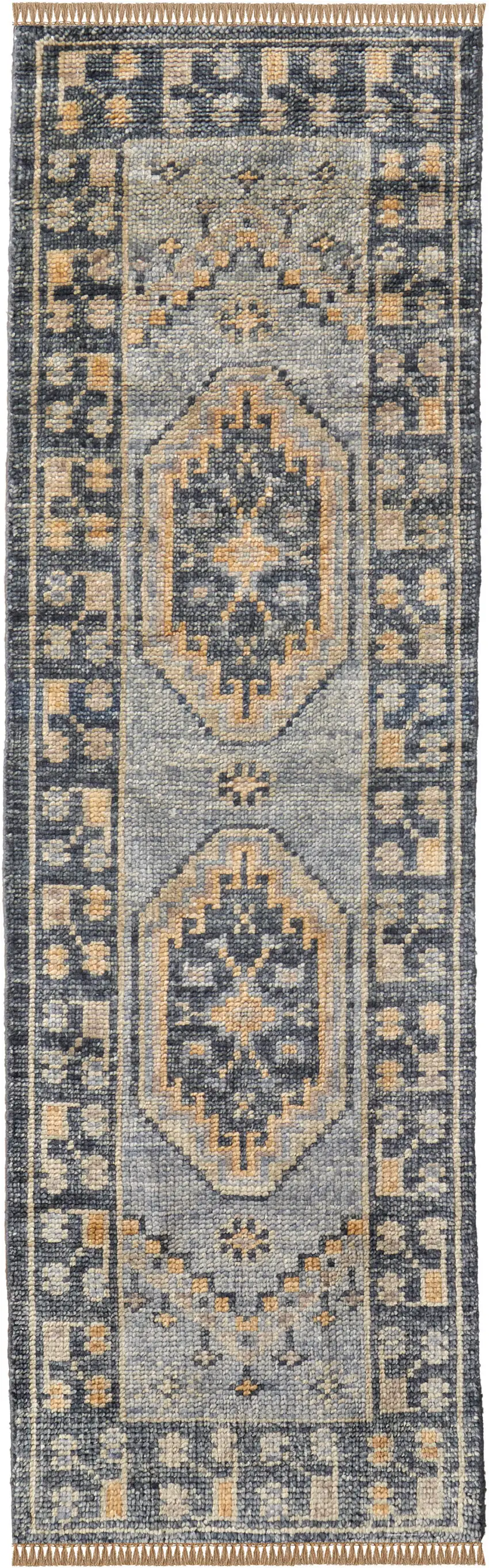 14' Blue Gray and Tan Wool Oriental Hand Knotted Runner Rug With Fringe Photo 2