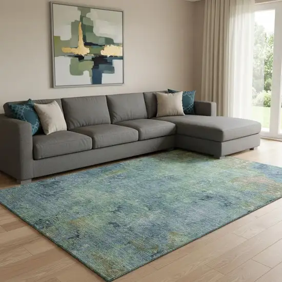 8' Blue Green And Beige Abstract Washable Area Rug With UV Protection Photo 2