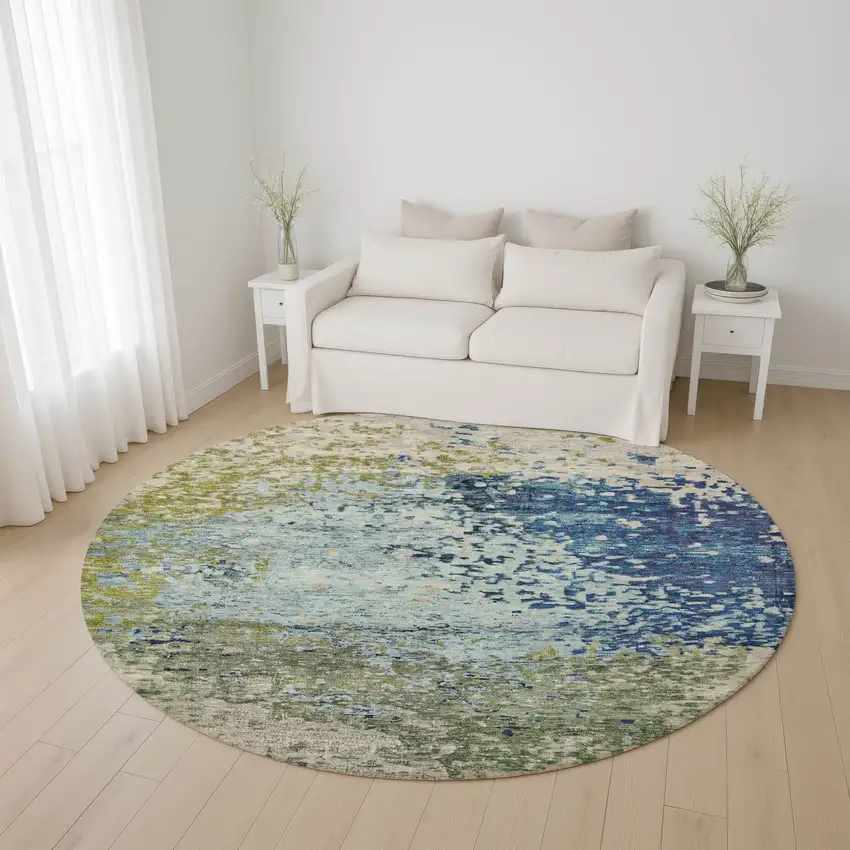 8' Blue Green And Beige Abstract Washable Round Rug With UV Protection Photo 4