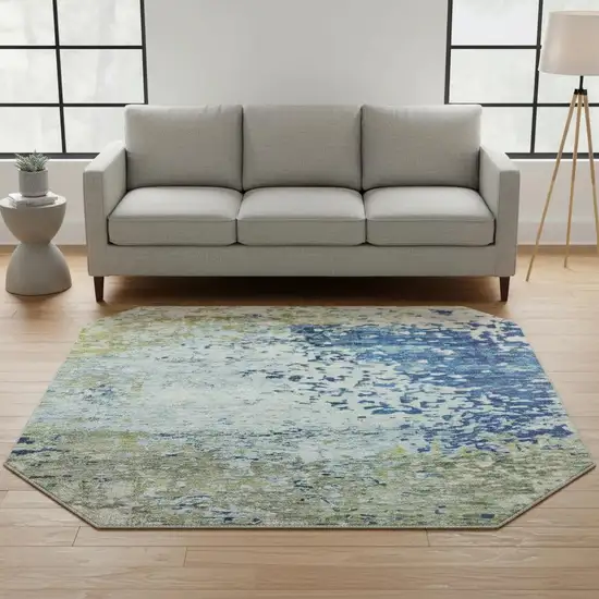 8' Blue Green And Beige Abstract Washable Round Rug With UV Protection Photo 2