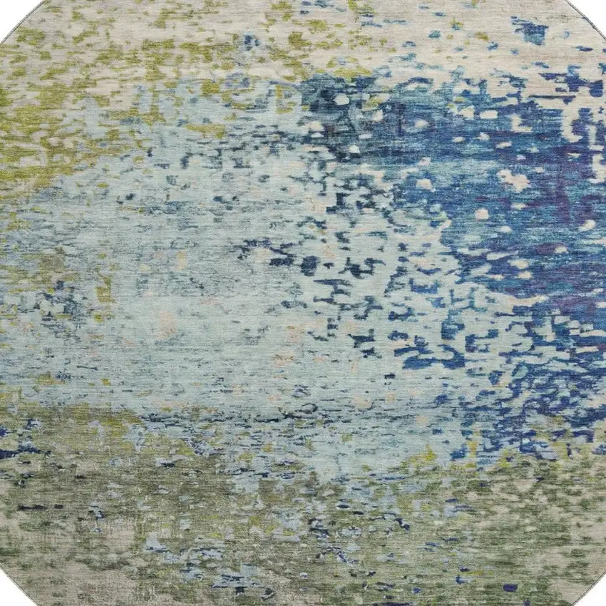 8' Blue Green And Beige Abstract Washable Round Rug With UV Protection Photo 2