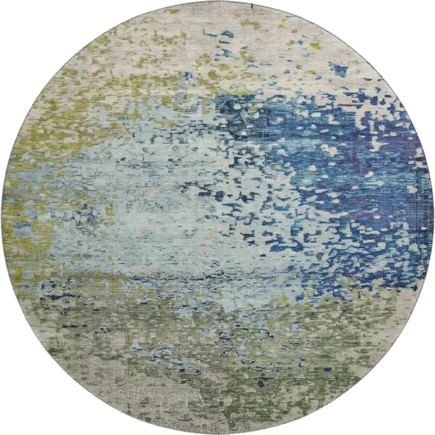 8' Blue Green And Beige Abstract Washable Round Rug With UV Protection Photo 1
