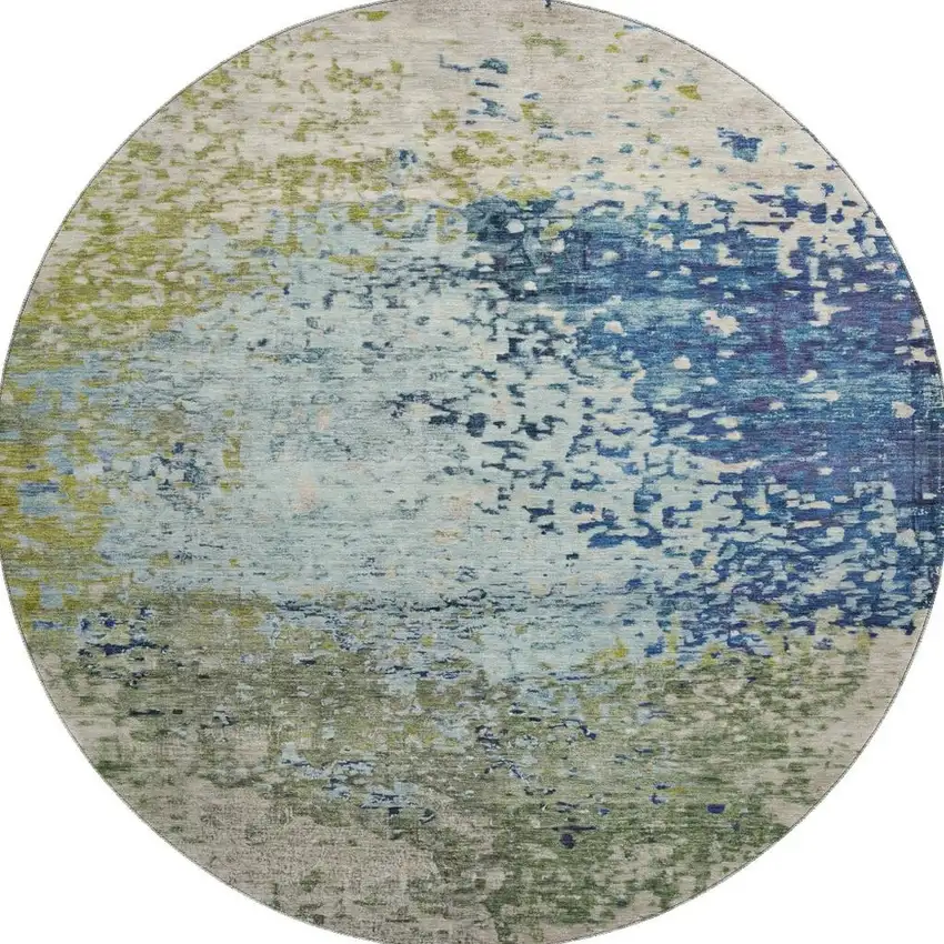 8' Blue Green And Beige Abstract Washable Round Rug With UV Protection Photo 3