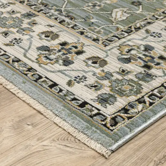 8' Blue Green And Beige Floral Runner Rug With Fringe Photo 4