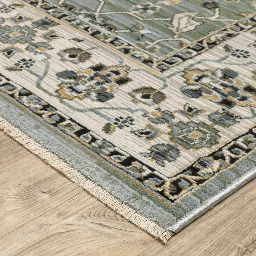 8' Blue Green And Beige Floral Runner Rug With Fringe Photo 4
