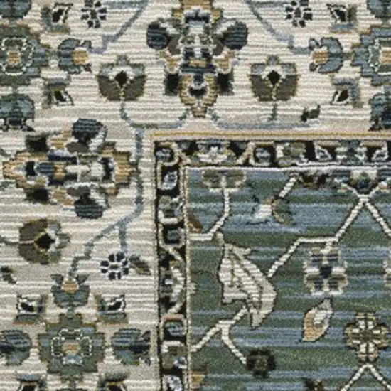 8' Blue Green And Beige Floral Runner Rug With Fringe Photo 7