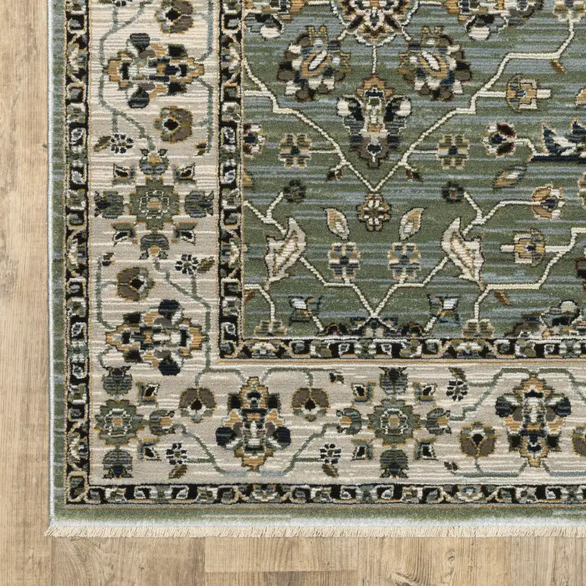 8' Blue Green And Beige Floral Runner Rug With Fringe Photo 2