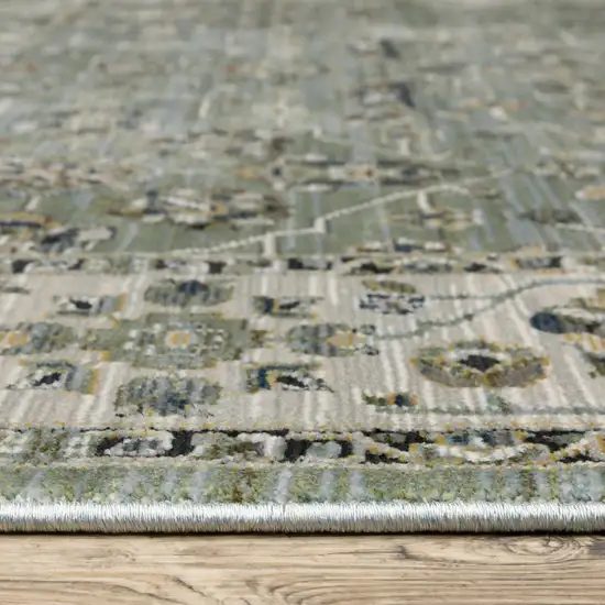 8' Blue Green And Beige Floral Runner Rug With Fringe Photo 5