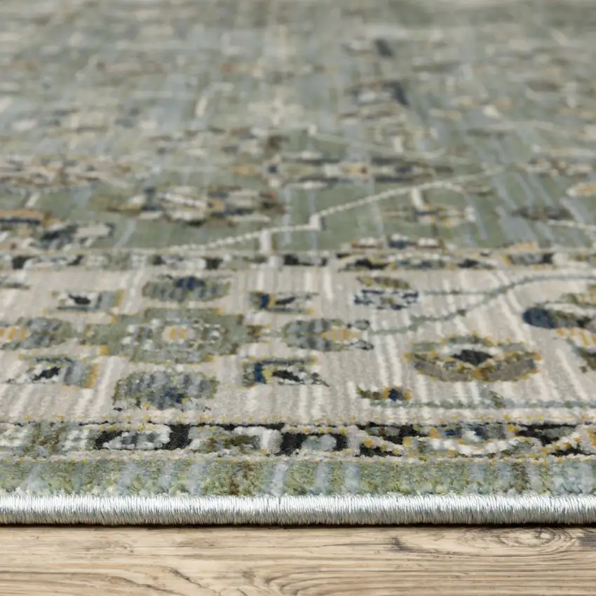 8' Blue Green And Beige Floral Runner Rug With Fringe Photo 5
