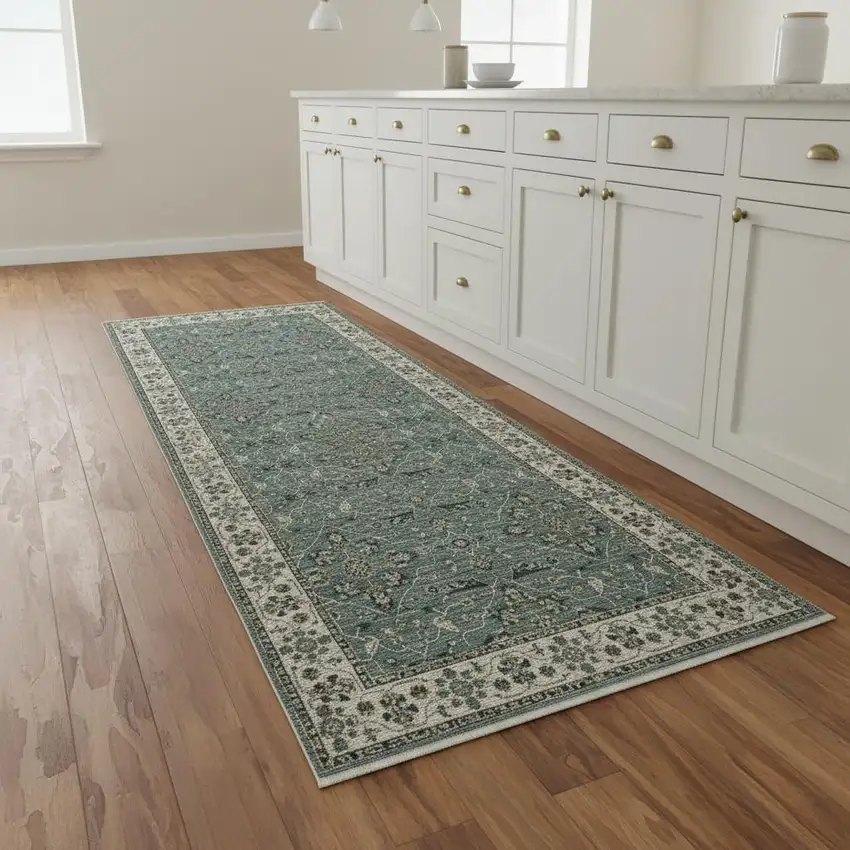 8' Blue Green And Beige Floral Runner Rug With Fringe Photo 1