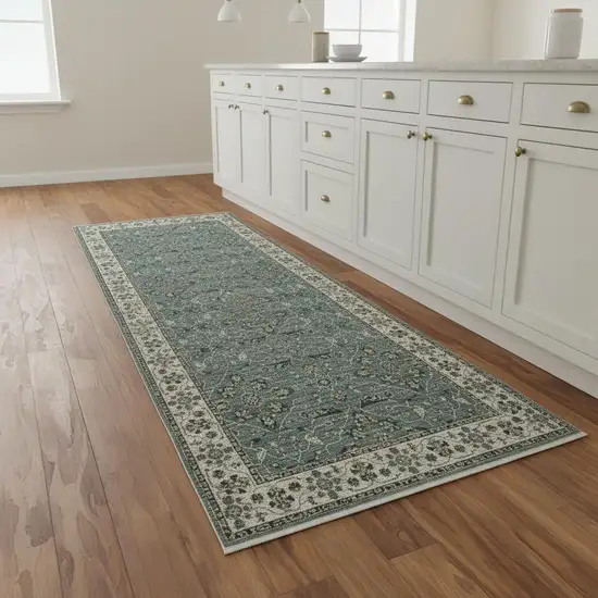 8' Blue Green And Beige Floral Runner Rug With Fringe Photo 1