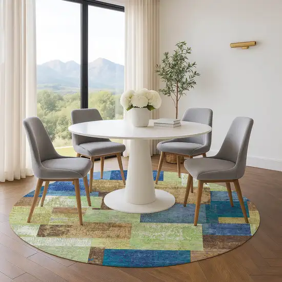 8' Blue Green And Beige Geometric Washable Round Rug With UV Protection Photo 5