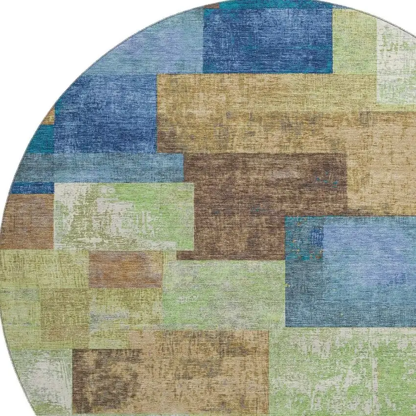 8' Blue Green And Beige Geometric Washable Round Rug With UV Protection Photo 3