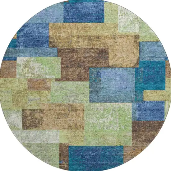 8' Blue Green And Beige Geometric Washable Round Rug With UV Protection Photo 4