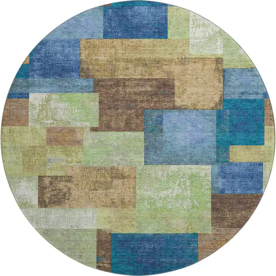 8' Blue Green And Beige Geometric Washable Round Rug With UV Protection Photo 1